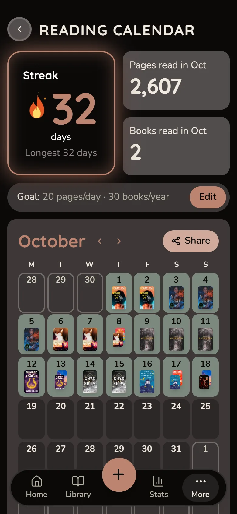 Readezvous Reading calendar screen